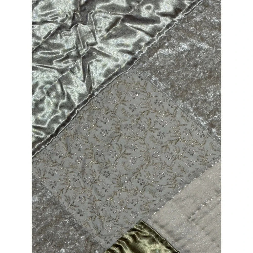 Vtg Patchwork Throw Blanket Metallic Sateen‎ Quilted Velvet Floral